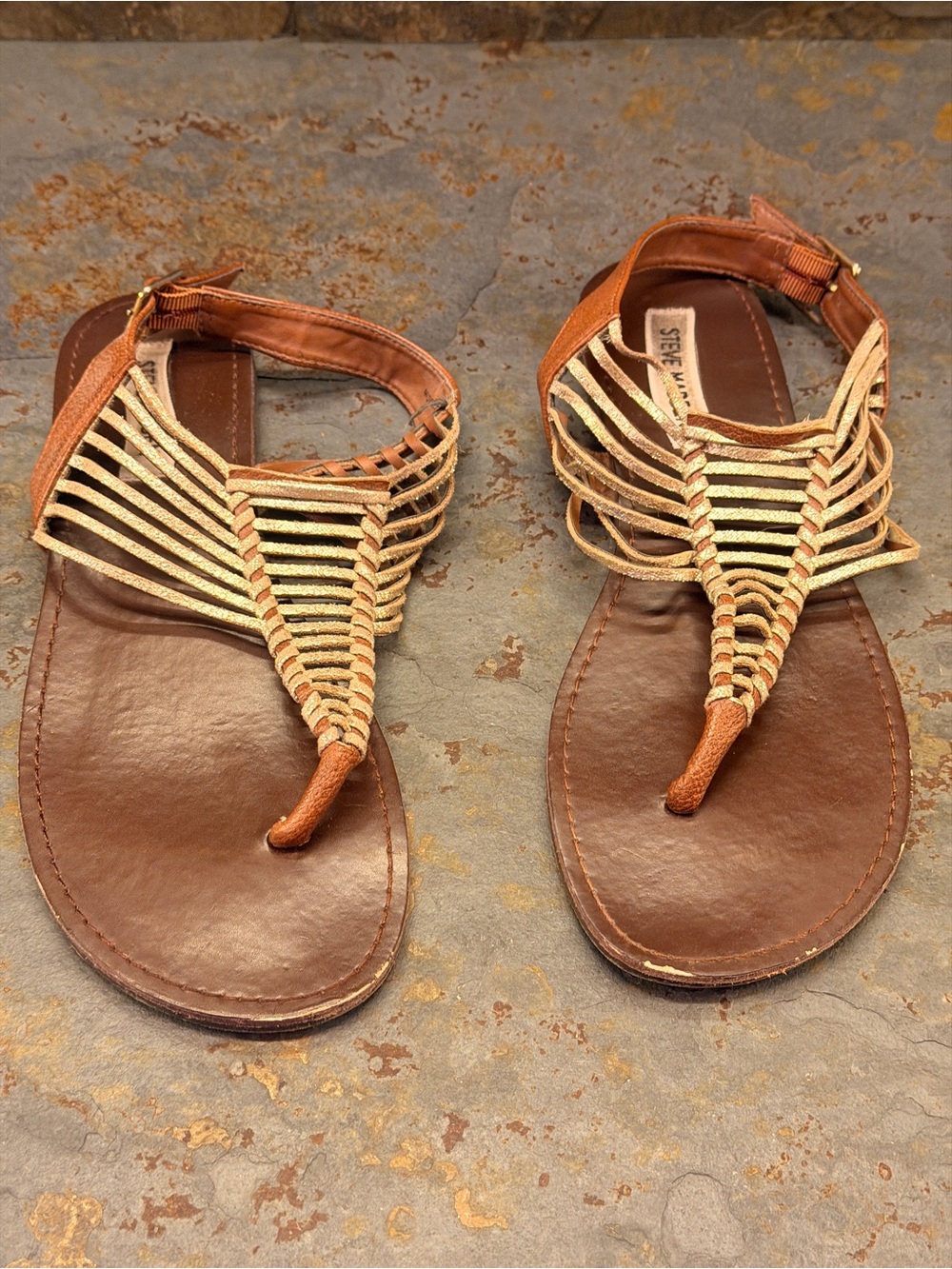 Steve Madden Gladiator Brown and Gold Strappy Thong Sandals